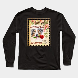 Australian shepherd (Aussie) Vintage Valentine Funny Dog With Rose Long Sleeve T-Shirt